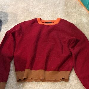 Zara Women's Red Sweater with Orange and Brown Trim